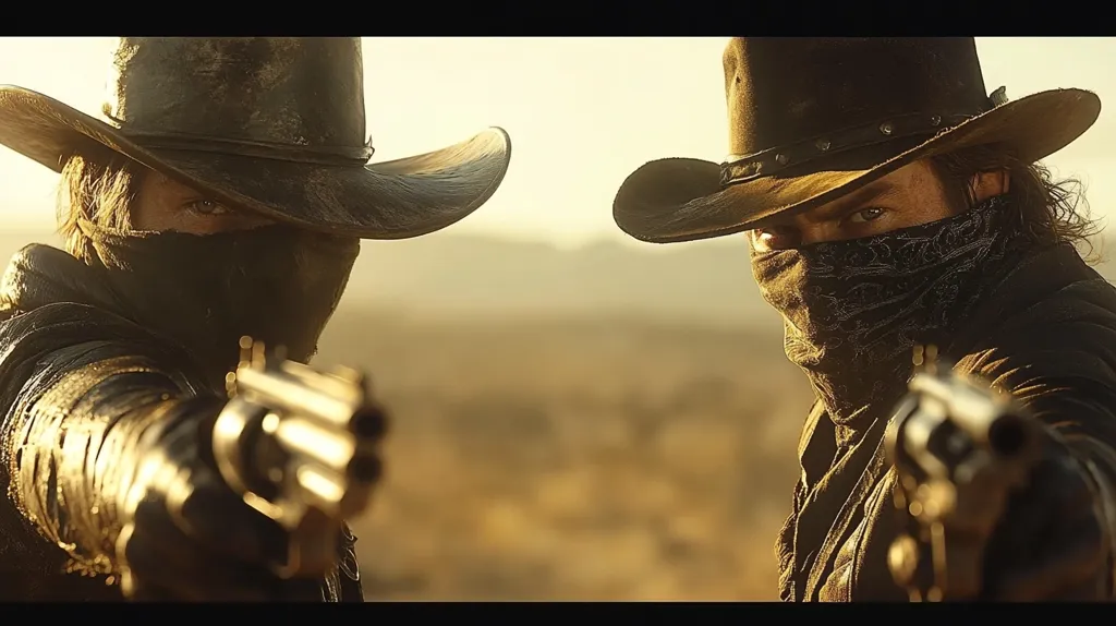 Two cowboys, faces partially obscured by bandanas, stand in a dusty, sun-drenched landscape.  They wear wide-brimmed hats and dark clothing, each aiming a revolver directly at the viewer. The intense gaze and weaponry create a tense, dramatic standoff in a classic Western setting.  The image evokes a sense of danger and impending confrontation.