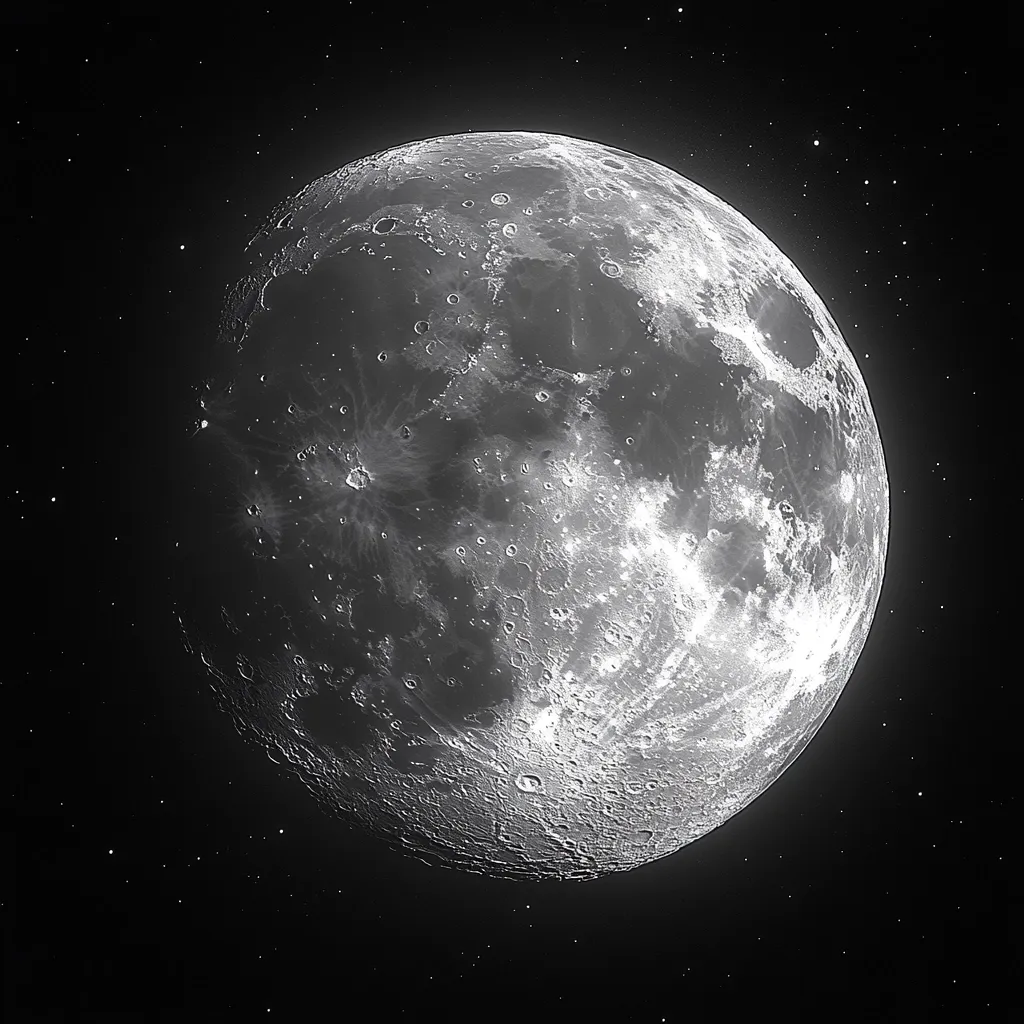 A striking grayscale image showcases a near-full moon against a backdrop of a star-studded night sky. The moon's surface is vividly detailed, revealing numerous craters, maria, and highlands.  The contrast between the bright lunar surface and the dark, speckled expanse of space is dramatic, highlighting the texture and features of our celestial neighbor.  The image possesses a high level of clarity and detail.