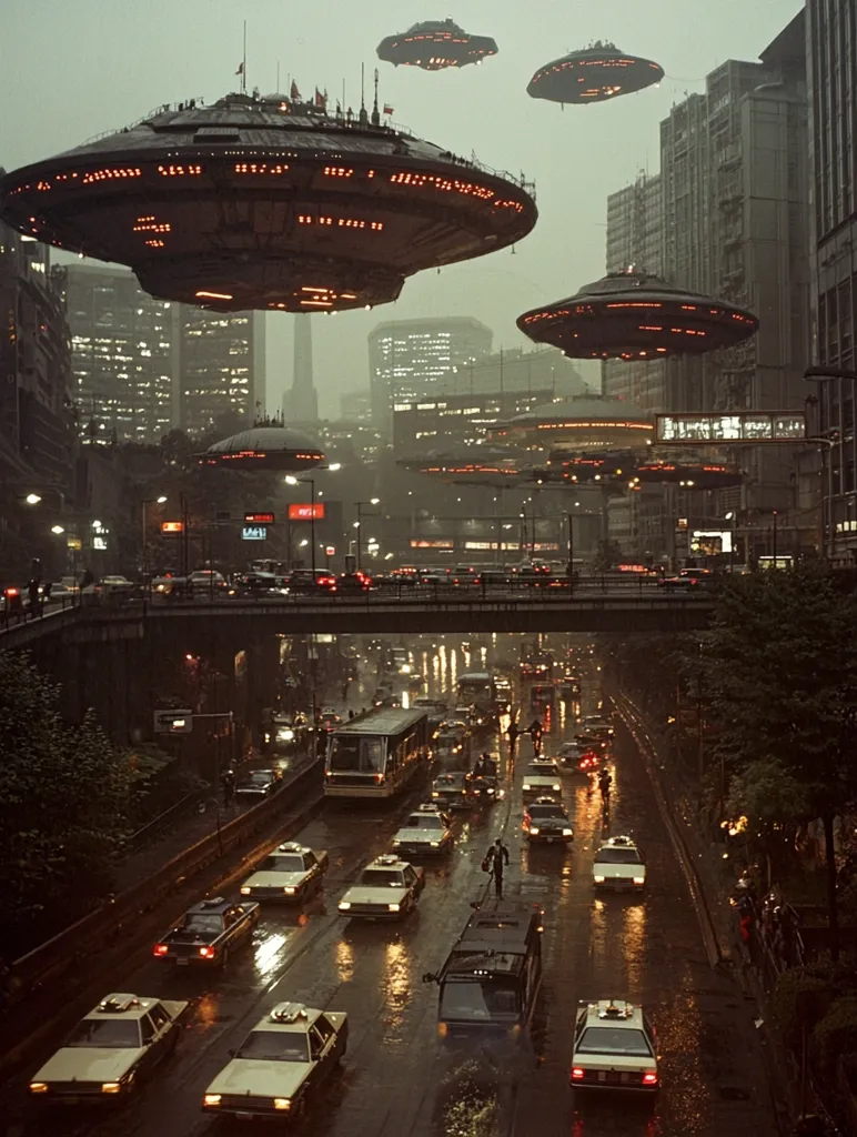 A rainy city street scene is dominated by several large, hovering alien spacecraft.  Cars navigate the wet streets below, illuminated by the glowing lights of the city and the craft.  Tall buildings rise on either side, creating a futuristic, yet somewhat dystopian atmosphere. The image suggests an invasion or a peaceful, yet unusual, coexistence.  The overall mood is one of calm observation amidst an extraordinary event.