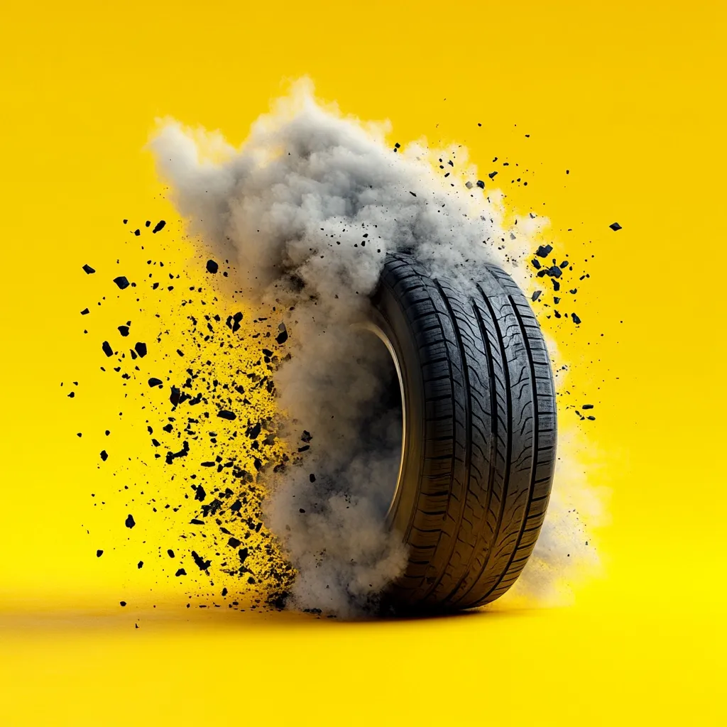 A black tire explodes against a vibrant yellow background.  Grey smoke and dark debris erupt from the tire as it disintegrates. The image is dynamic and suggests high speed or impact, creating a powerful visual. The contrast between the tire, the smoke, and the background is striking.