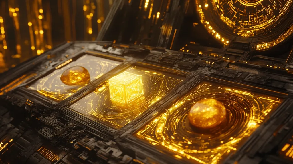 A glowing golden cube rests at the center of a dark, intricate technological structure.  Surrounding the cube are circular panels, each containing a luminous orb, all emitting a warm, amber light. The complex machinery suggests a futuristic or science fiction setting, possibly a control panel or energy source. The overall aesthetic is one of advanced technology and potent energy.