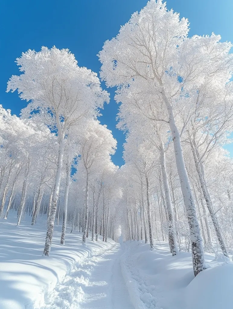 A snow-covered path winds through a breathtaking winter wonderland.  Tall, slender trees, heavily laden with frost, line the path, their branches creating a stunning white canopy against a vibrant blue sky.  The scene exudes serenity and the pure beauty of a pristine winter landscape.  Sunlight filters through, casting long shadows on the pristine snow.