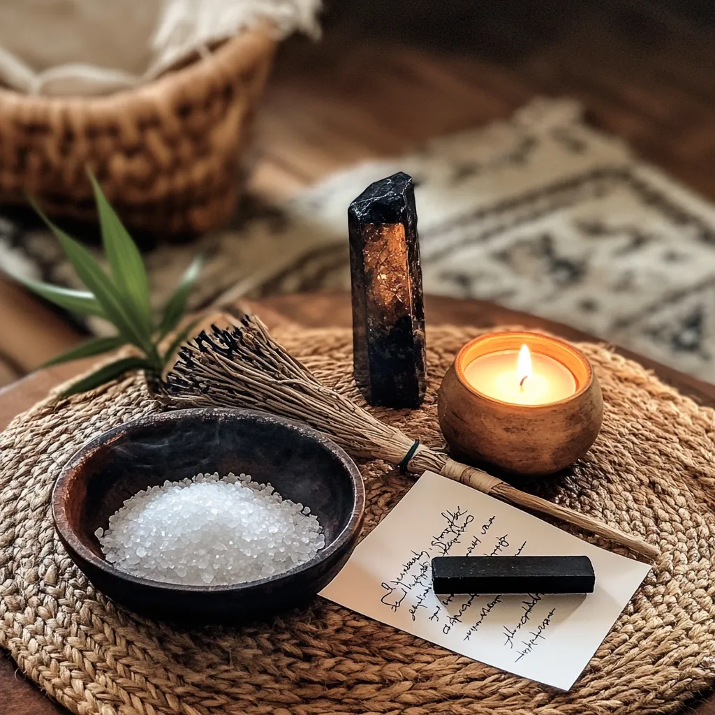 A serene, dimly lit scene features a rustic wooden table holding a small bowl of salt, a smudging brush, a lit candle in a clay holder, a black crystal, and a handwritten note. The items rest on a woven placemat, suggesting a spiritual or cleansing ritual. The atmosphere is calm and contemplative, with soft lighting enhancing the earthy tones of the setting.  A small plant adds a touch of nature to the composition.