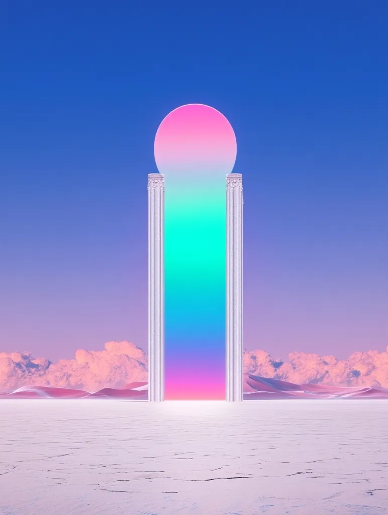 A surreal, pastel-colored landscape features a tall, rectangular portal framed by white pillars.  A vibrant, gradient-colored light emanates from within the portal, transitioning from pink at the top to teal at the bottom.  The scene is set against a backdrop of soft pink clouds and a pale, flat desert, creating a dreamy, ethereal atmosphere.  The overall style is minimalist and visually striking.