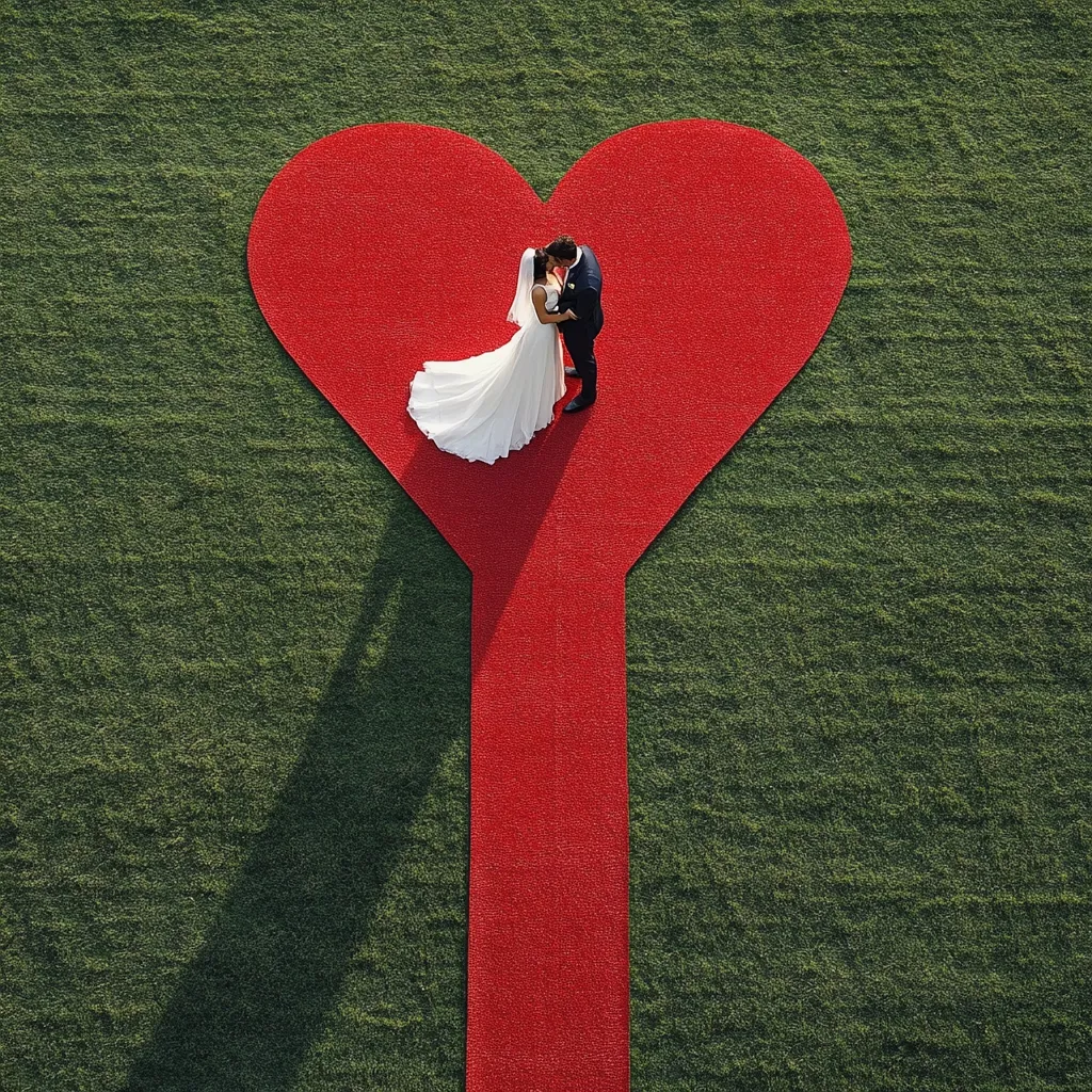 An aerial shot reveals a bride and groom embracing on a heart-shaped red carpet, set against a vibrant green lawn.  The carpet extends downwards, forming a path.  The image is a romantic and unique depiction of a wedding, emphasizing the couple's central position. The contrasting colors of the red carpet and green grass heighten the visual impact.