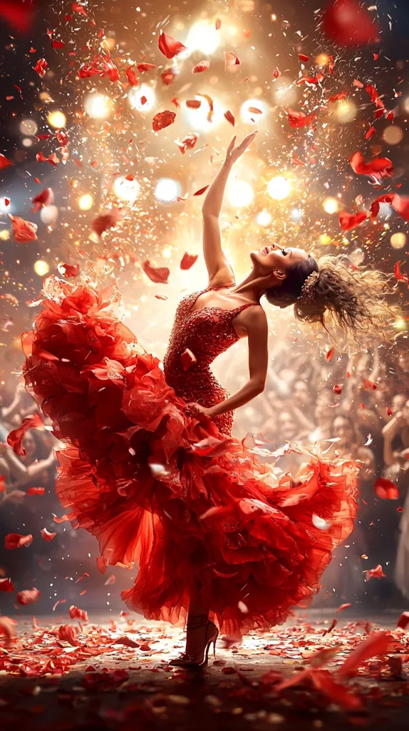A flamenco dancer in a vibrant red dress performs on stage, surrounded by a shower of red rose petals.  The dramatic lighting and swirling fabric create a sense of energy and passion. The dancer's pose is graceful and powerful, capturing the essence of the art form.  A cheering audience is visible in the background, adding to the atmosphere of a captivating performance.