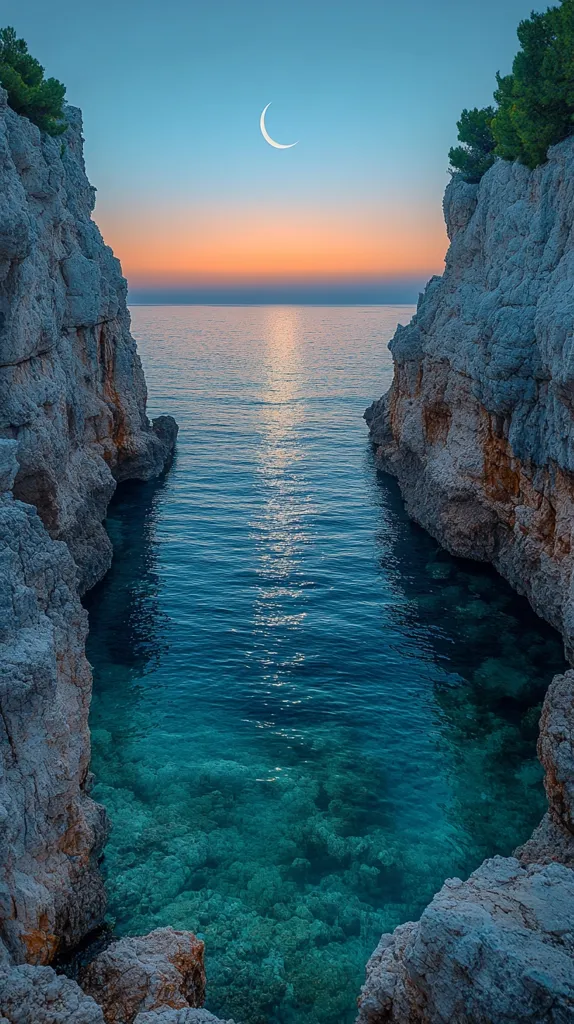 A crescent moon hangs in the twilight sky above a tranquil cove.  Clear, turquoise water fills the space between two rocky cliffs, their surfaces textured and light-grey. The setting sun casts a warm glow on the horizon, reflecting softly on the calm sea.  The scene is serene and picturesque, evoking a sense of peace and isolation.