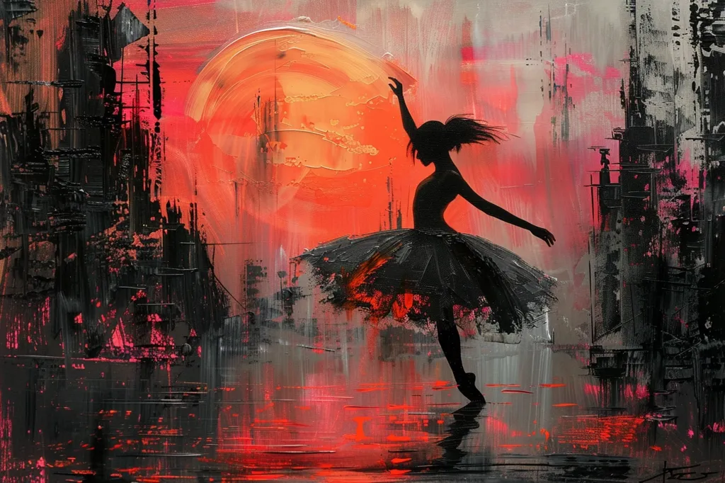 A captivating abstract painting depicts a ballerina silhouetted in black against a vibrant backdrop.  The ballerina, poised mid-dance, is set against a fiery orange and red sunset, with a cityscape suggested by textured strokes of black and grey.  The overall effect is dramatic and expressive, blending elements of urban decay with the grace of ballet.  The painting's palette is rich with contrasting colors and textures.