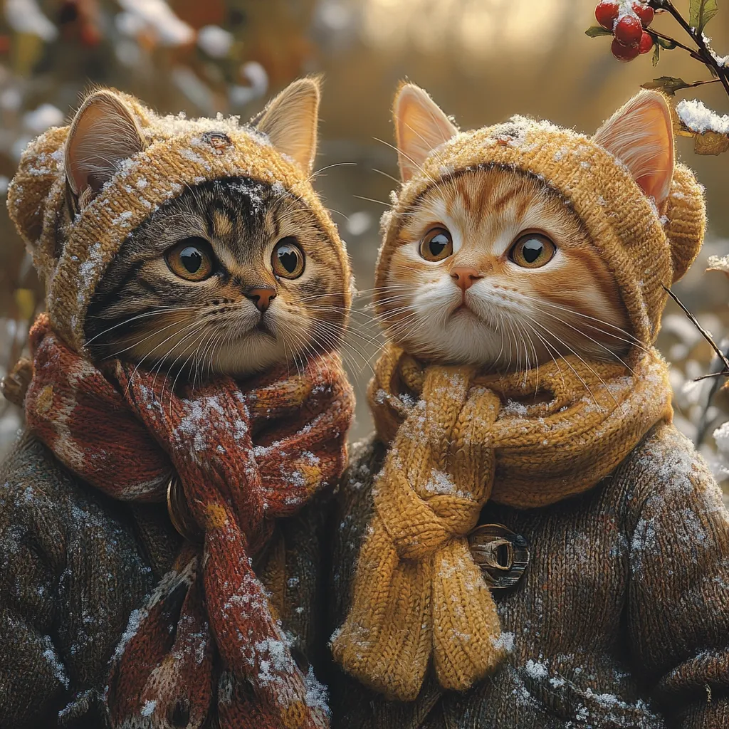 Two adorable cats, a tabby and a ginger, are bundled up in cozy knit hats and scarves.  Snow dusts their warm winter attire.  Their large, expressive eyes gaze towards the viewer, creating a heartwarming scene of feline companionship in a snowy winter setting. The cats appear to be posing for a picture, showcasing their charming winter outfits.