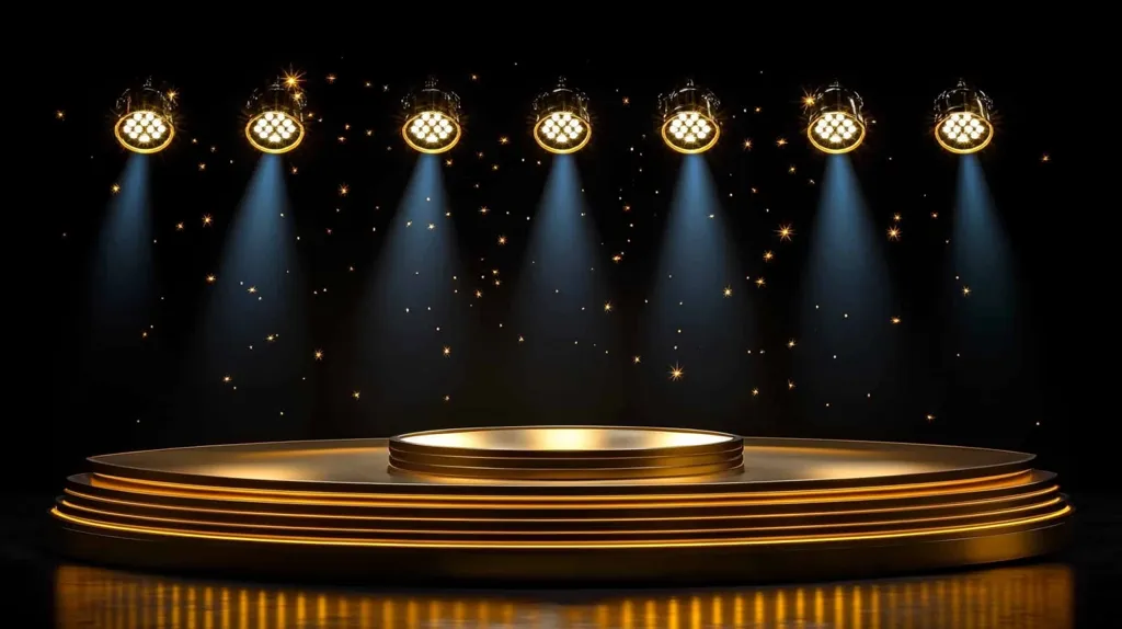 A dramatic stage is set against a black background, illuminated by six bright spotlights.  Golden, tiered platforms form a circular stage, creating a luxurious and elegant atmosphere.  Small, sparkling lights drift down, adding to the magical ambiance.  The scene is perfect for a glamorous award ceremony or product launch.