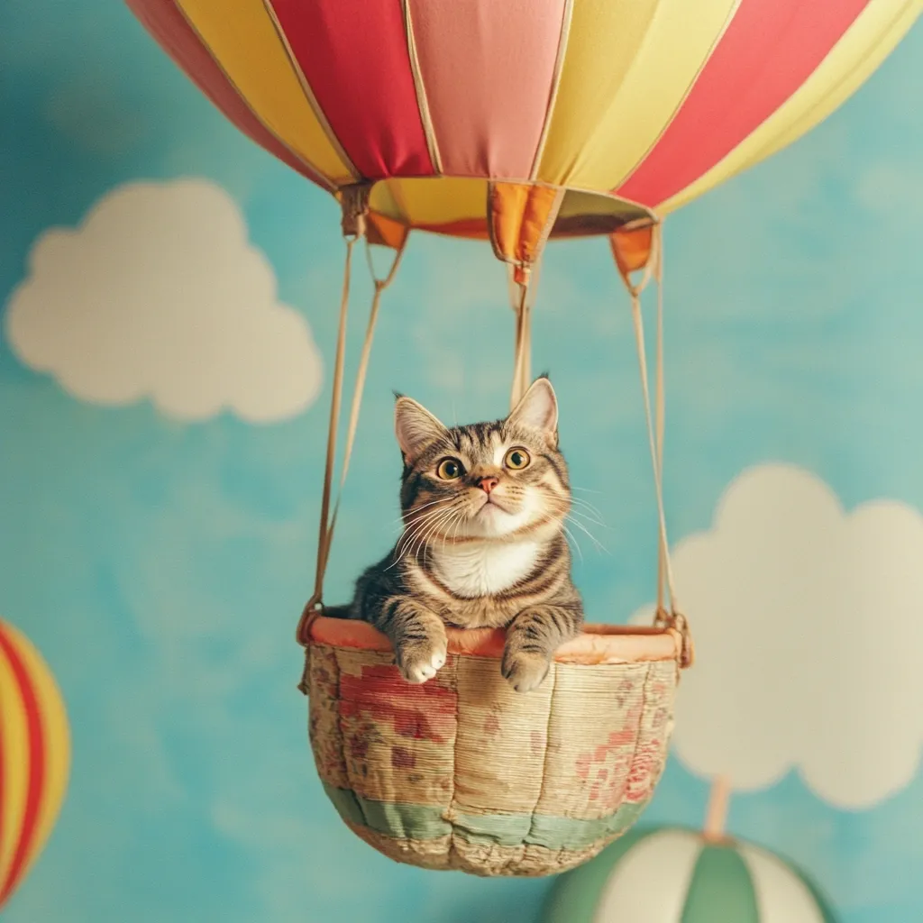 A tabby cat sits serenely in a miniature hot air balloon basket, gazing upwards.  The balloon, vibrant with pink, yellow, and red stripes, floats against a whimsical backdrop of pastel blue sky and fluffy white clouds.  The scene evokes a sense of lighthearted adventure and whimsical charm.  A smaller hot air balloon is partially visible in the bottom right corner.