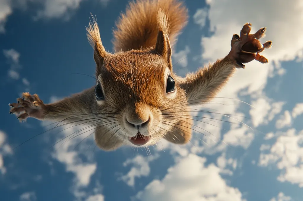 A low-angle, close-up shot depicts a fluffy red squirrel seemingly flying through a bright, cloudy sky.  Its paws are outstretched, and its expression is one of playful surprise. The background is a vast expanse of blue sky dotted with fluffy white clouds, creating a whimsical and dynamic image. The squirrel's fur is a rich reddish-brown, and its whiskers extend outward.