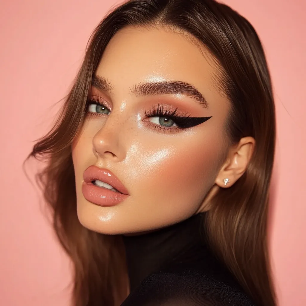 Close-up of a young woman with long brown hair, showcasing a dramatic makeup look.  Her features include a sharp winged eyeliner, peachy blush, and glossy nude lips.  The overall aesthetic is glamorous and modern, with a focus on defined eyes and glowing skin.  She's wearing a black turtleneck, against a soft pink background.