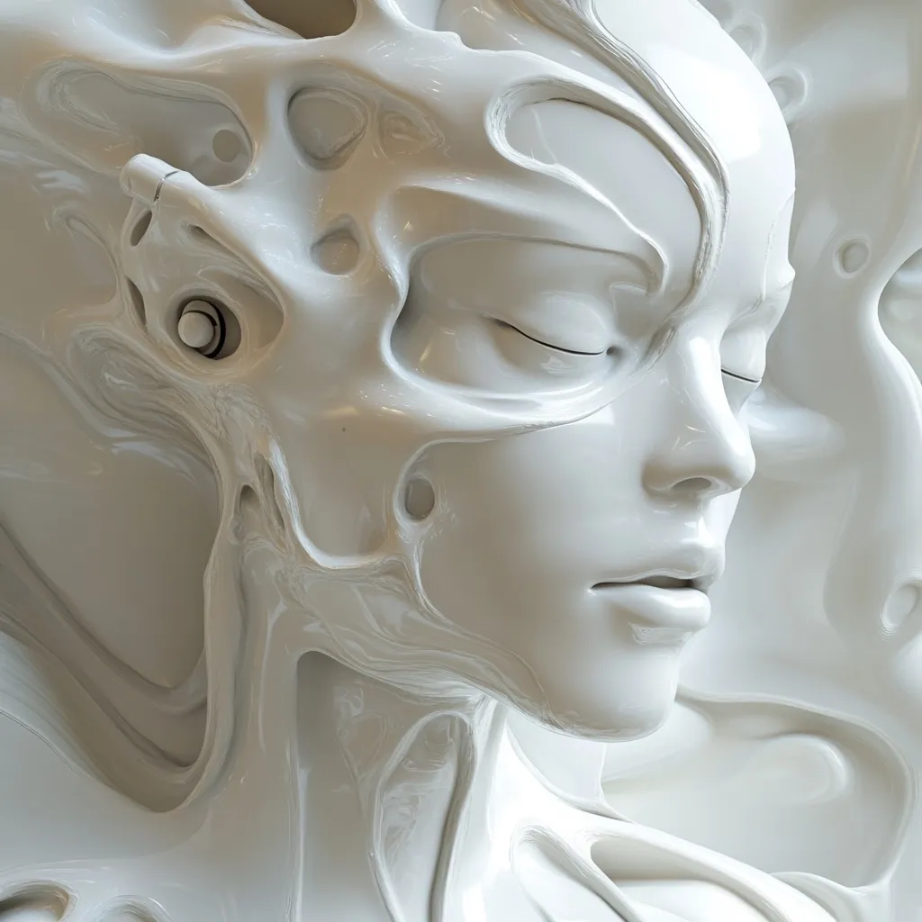 A close-up view of a sculpted white female face, appearing almost robotic or alien.  The face is smooth and seamless, yet the sculpture’s design incorporates flowing, organic lines and textures, creating a surreal, almost liquid-like effect.  Details suggest possible mechanical components subtly integrated into the form. The overall impression is one of futuristic elegance and ethereal beauty.