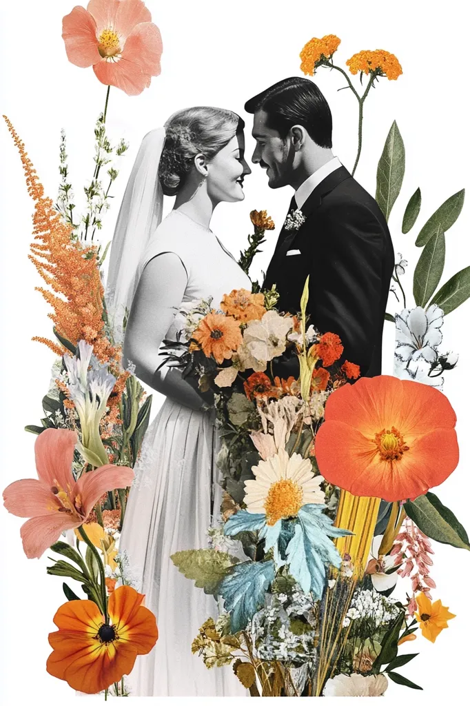 A black and white image of a bride and groom embracing is surrounded by a vibrant collage of flowers in oranges, peaches, and teal.  The flowers, both large and small, create a lush, romantic frame around the couple. The contrast between the classic wedding attire and the modern floral arrangement is striking. The overall style is whimsical and celebratory.