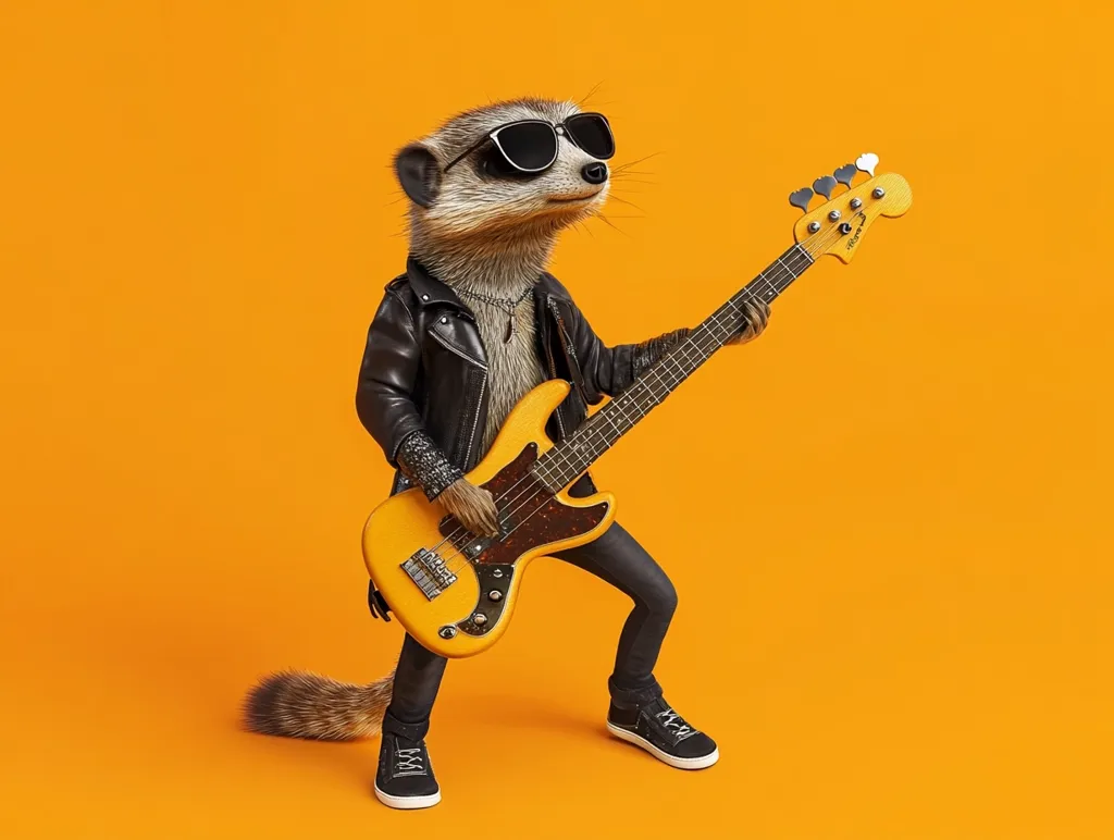 A meerkat, clad in a black leather jacket and sunglasses, rocks out on a yellow bass guitar against a vibrant orange backdrop.  Its bushy tail extends behind it. The image is a playful anthropomorphic depiction of a cool, musically inclined animal.  The scene is brightly lit, emphasizing the meerkat's expressive pose.