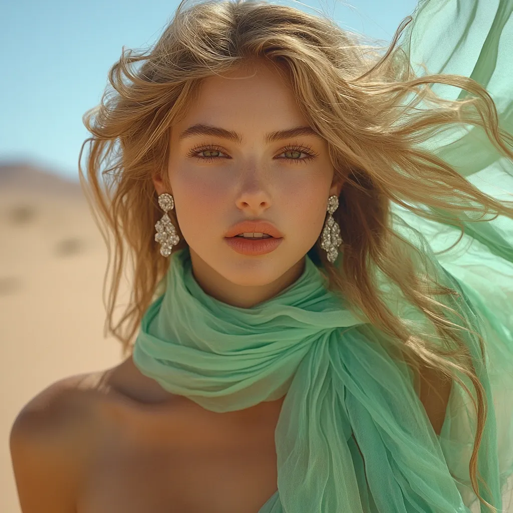 A young woman with long, wavy blonde hair wears a light green chiffon scarf and sparkling earrings.  Her makeup is natural and enhances her features. The background is a blurred desert landscape under a bright sun.  The overall impression is one of beauty and serenity.  The flowing fabric adds a sense of movement to the image.