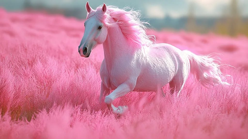 A white horse with vibrantly pink hair gallops through a field of pink muhly grass.  The horse's mane and tail flow in the breeze, creating a dreamy, ethereal scene. The pink tones are consistent throughout the image, resulting in a surreal and captivating visual.  The horse appears to be in motion, its legs extended mid-stride.