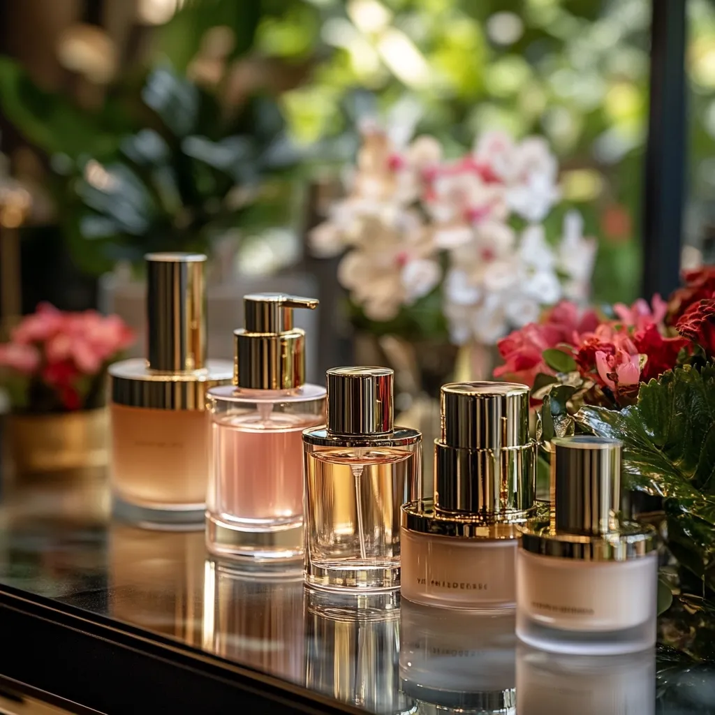 A collection of elegant perfume and skincare bottles are displayed.  Gold accents highlight the glass containers, which are filled with varying shades of pink and amber liquids.  The bottles sit on a reflective surface, with a blurred background featuring lush green foliage and vibrant red and white flowers, creating a luxurious and sophisticated aesthetic.