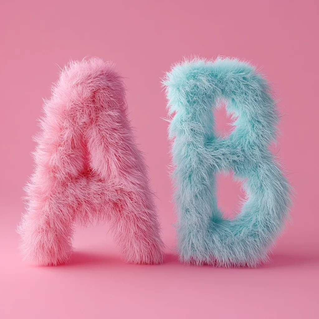 Against a pink background, the letters A and B are rendered in fluffy, pastel-colored fur.  The letter A is pink, and the letter B is light teal.  The style is playful and reminiscent of children's toys or soft, cuddly characters. The letters stand upright and are clearly defined despite their furry texture.