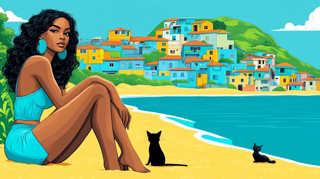 A Black woman with long, curly hair sits on a sandy beach, wearing a turquoise two-piece swimsuit.  Two black cats sit near her.  In the background, a picturesque coastal town with colorful houses climbs a verdant hill.  The scene is rendered in a vibrant, stylized illustration style. The overall mood is serene and summery.