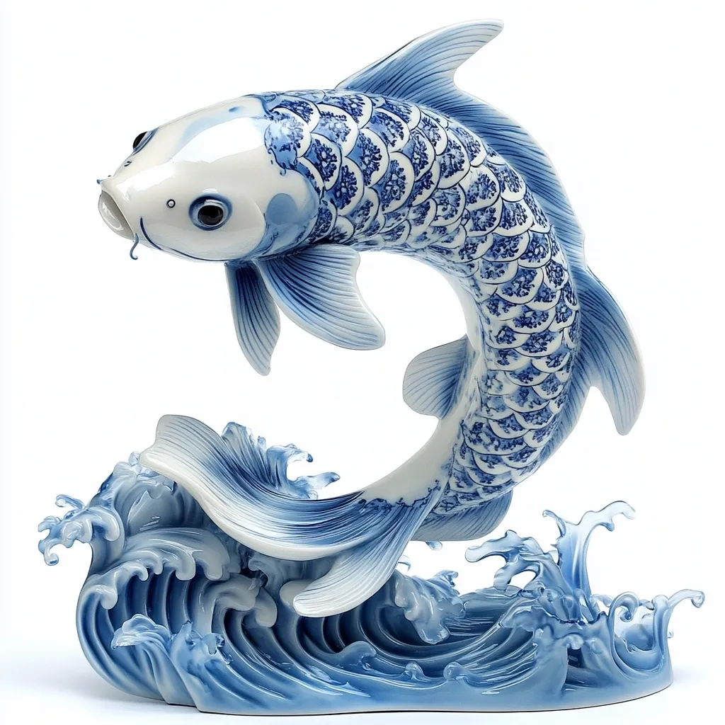 A porcelain koi fish sculpture leaps through stylized waves.  The fish is predominantly blue and white, with intricate detailing on its scales and fins.  The piece is rendered in a classic blue and white palette reminiscent of traditional Chinese porcelain, showcasing the fish's dynamic movement and graceful form. The waves provide a dynamic base, complementing the energy of the leaping koi.