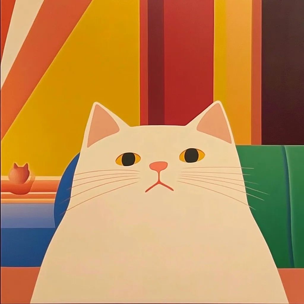 A stylized painting depicts a plump white cat with amber eyes, seated on a green chair. The cat's expression is serene yet curious.  The background features bold, geometric shapes in warm colors—orange, yellow, and red—creating a vibrant and contrasting backdrop to the cat's creamy white fur. A small orange object, possibly a small cat or toy, is visible in the background.  The overall style is minimalist and playful.