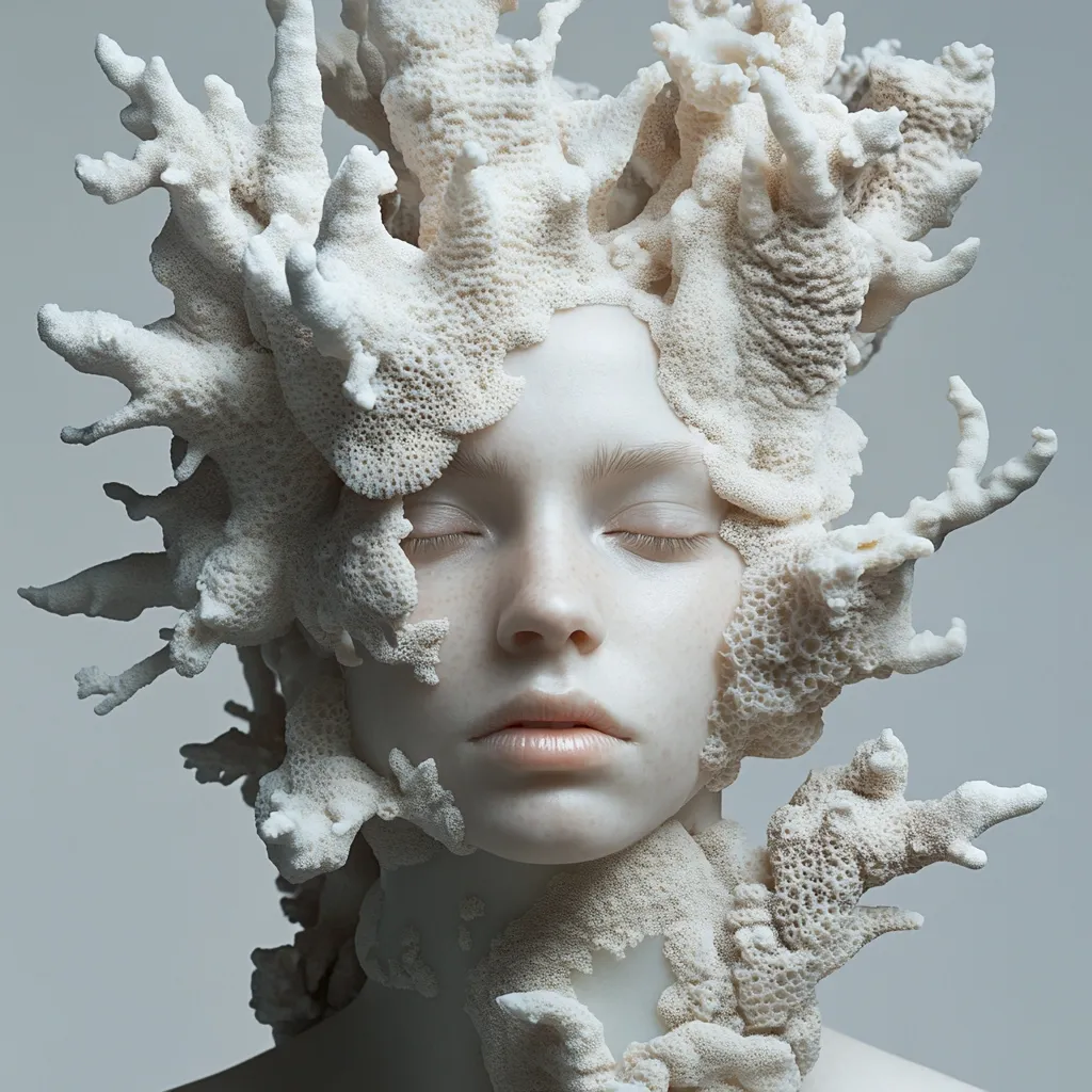 A serene face, pale and ethereal, is enveloped by a breathtaking sculpture of white coral.  The coral branches intricately frame the face, creating a harmonious blend of organic form and human likeness. The model's eyes are closed, suggesting tranquility and a connection to the sea-like texture of the coral. The overall effect is one of delicate beauty and otherworldly elegance.