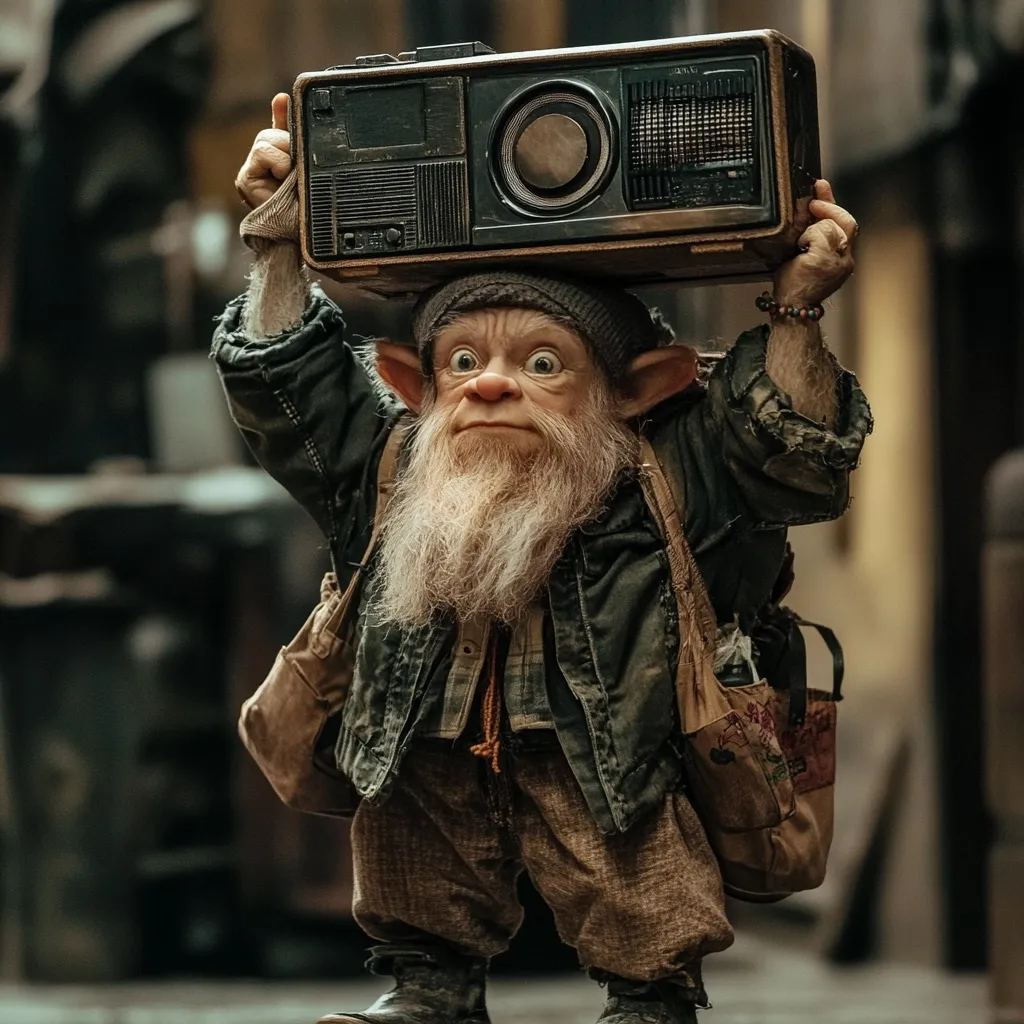 A small, whimsical creature with pointed ears and a long, white beard carries a vintage boombox on its head.  Dressed in worn, patched clothing and carrying a satchel, it stands in a dimly lit, urban-looking alleyway. The creature's expression is serious and slightly apprehensive, creating a curious and intriguing image.