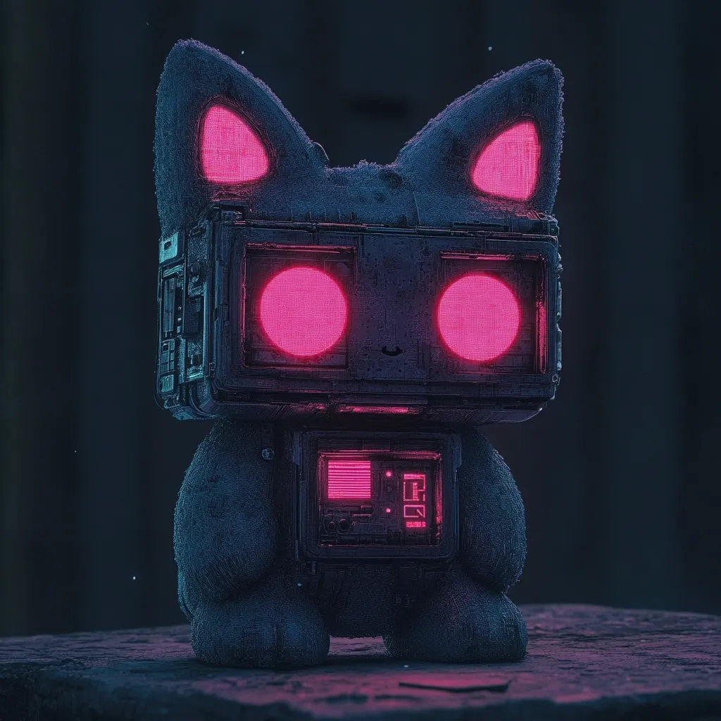 A digital rendering of a cute, robotic cat.  Its body is dark gray, textured like plush fabric, with pink glowing eyes and ear accents.  The robot's face is a boxy, metallic design, featuring additional glowing pink details. It sits on a dark surface, against a blurred dark background, creating a moody, cyberpunk aesthetic. The overall style is a blend of soft and technological elements.