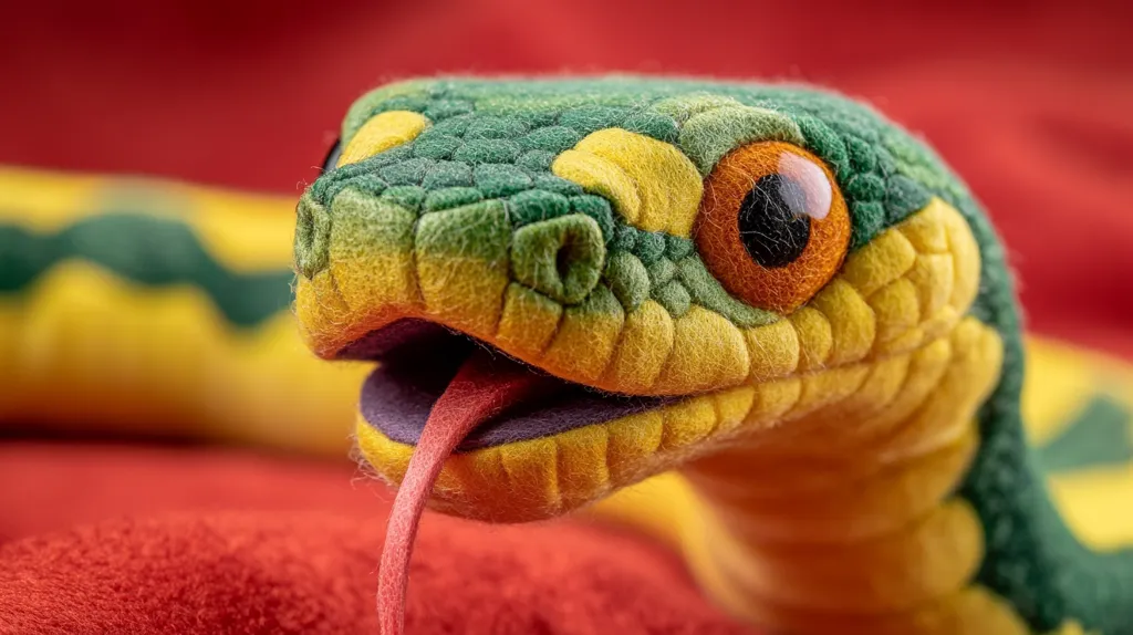 Close-up of a vibrant felt snake toy.  Its head is predominantly yellow and green, with meticulously crafted scales and an orange eye.  A red felt tongue extends from its mouth.  The snake rests on a red background, the texture of the felt creating a soft, tactile image. The toy's detailed features suggest high-quality craftsmanship.