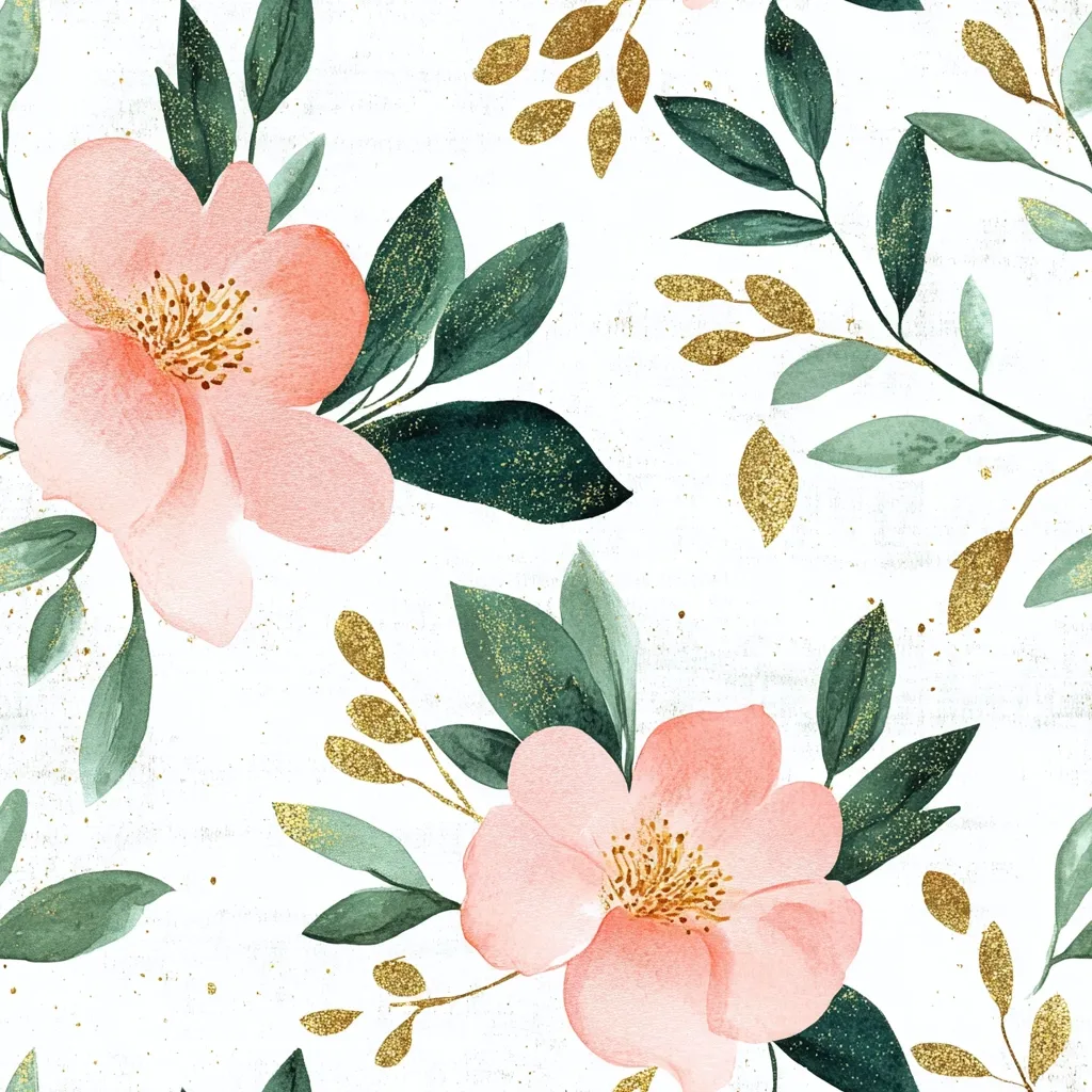 A watercolor floral pattern featuring delicate peach blossoms and lush green leaves accented with gold glitter. The design is on a textured white background, creating a romantic and elegant aesthetic. The soft color palette and subtle sparkle make it suitable for various applications, from wedding stationery to home decor.  The repeating pattern is visually appealing and creates a sense of calm.