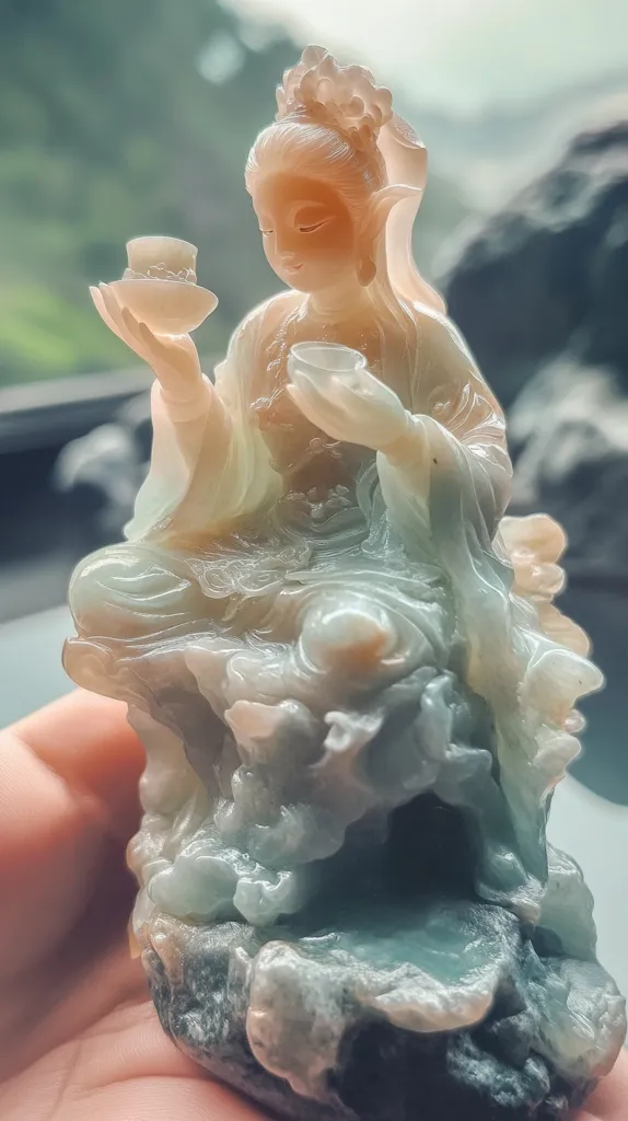 A delicately carved jade statue depicts a serene woman, possibly a goddess, seated on a rocky base.  She holds two small cups, suggesting a ritual or offering. The jade's coloration is a beautiful blend of soft greens and pinks, creating a mesmerizing effect. The intricate detailing showcases the artist's skill, highlighting the flowing robes and expressive features of the figure. The overall impression is one of peace and tranquility.