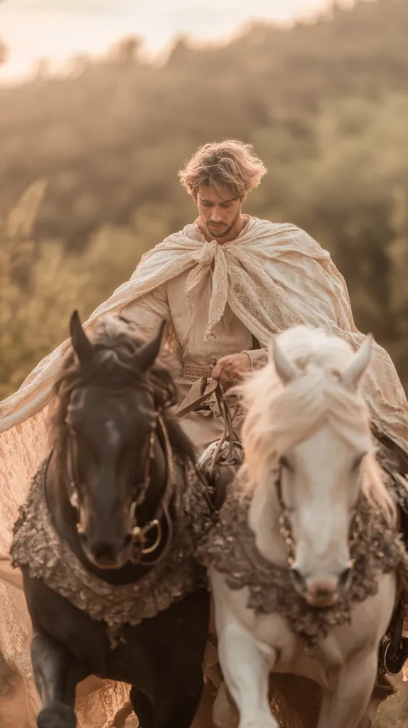 A man in a long, flowing white robe sits astride two horses, one black and one white.  He wears a light-colored tunic and cloak, and his hair is loose. The scene is set in a sun-drenched, rural landscape, with the focus on the man and his mounts.  He appears pensive, his gaze directed downward. The overall aesthetic is one of ethereal beauty and quiet dignity.