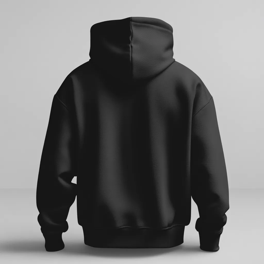A rear view of a plain black hoodie.  The hoodie is a solid color with a drawstring hood and long sleeves.  It appears to be made of a soft, comfortable material. The image showcases the back of the garment, highlighting its simple and unadorned design, ideal for customization or branding.