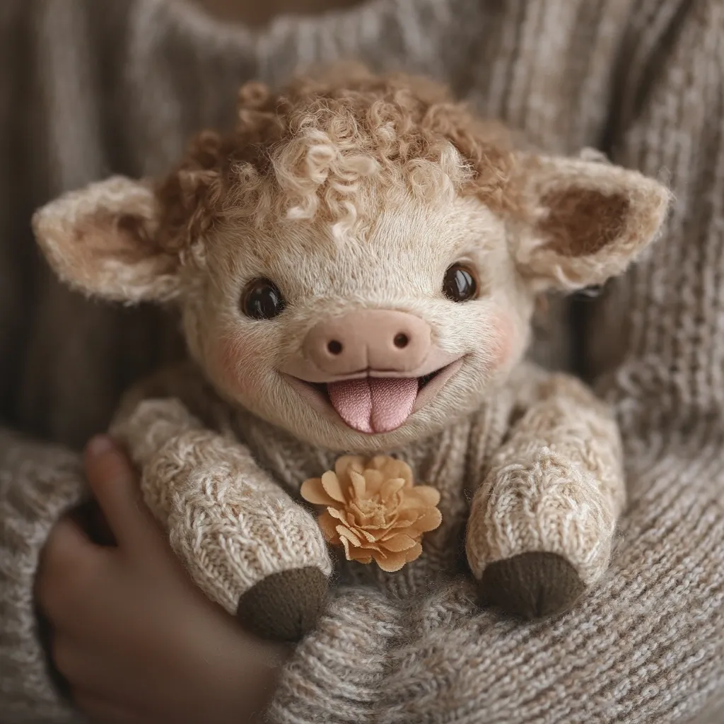 A handcrafted calf plush toy, with curly light brown fur, is lovingly held.  The toy wears a knitted cream-colored sweater adorned with a small, yellow flower. Its large, expressive eyes and happy, tongue-out expression create a charming and endearing image. The calf is nestled in warm, cozy knitwear, enhancing the overall feeling of warmth and comfort.