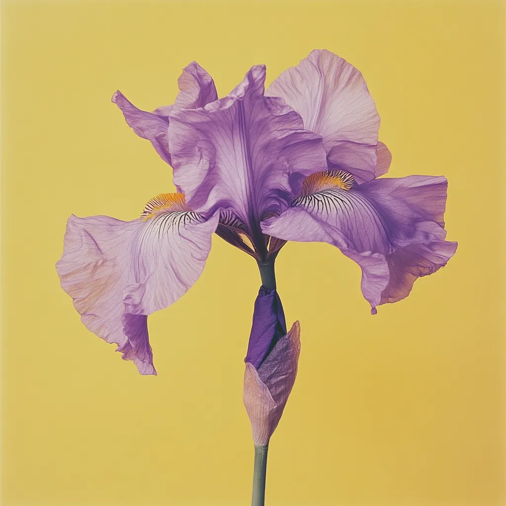 A single, pale purple iris blossom dominates the frame against a bright yellow backdrop.  The delicate petals unfurl gracefully, showcasing intricate veining and a subtle yellow center.  A closed bud rests below the fully bloomed flower on a slender green stem, hinting at future blooms. The image is simple yet striking, highlighting the flower's beauty and ethereal quality.