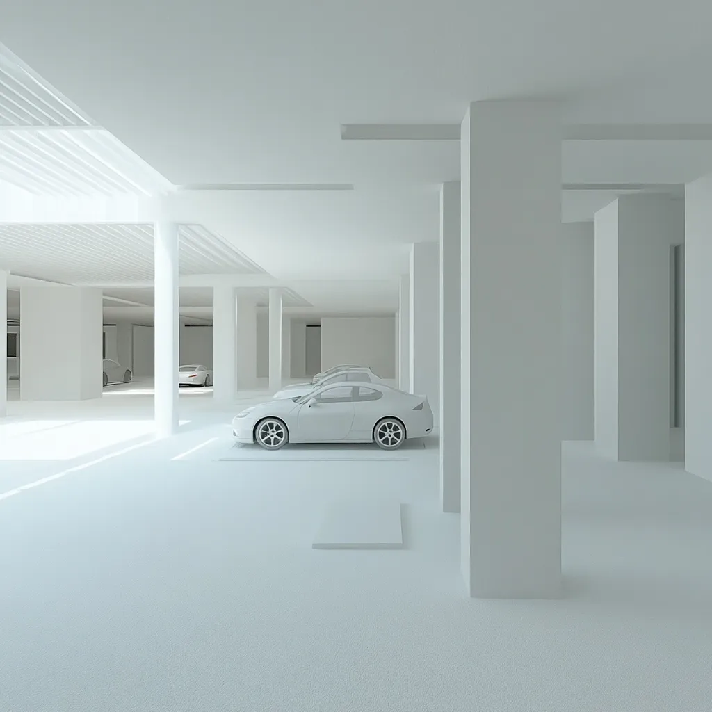 A minimalist rendering depicts a pristine white parking garage.  Several white cars are parked within the spacious structure, defined by clean lines and tall, slender pillars. The overall effect is one of stark, modern elegance and simplicity, with an emphasis on the architectural design rather than any specific detail.  The lighting is soft and diffused, creating a calm atmosphere.