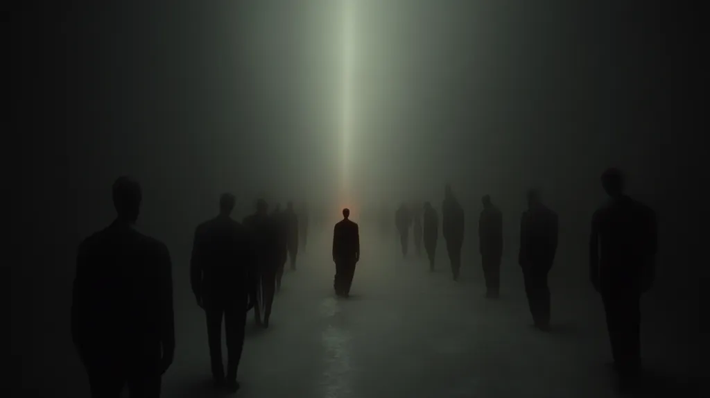 A solitary figure walks towards a bright light emanating from the far end of a long, dimly lit corridor.  Surrounding the central figure are numerous shadowy, indistinct forms, also moving in the same direction. The atmosphere is hazy and mysterious, creating a sense of isolation and uncertainty.  The overall tone is dark and evocative.