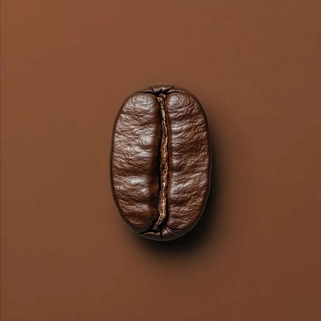 A single, roasted coffee bean is centrally positioned against a rich brown backdrop.  The bean's deep brown color and characteristic indented line are clearly visible. The image's simplicity highlights the bean's texture and form, creating a visually appealing representation of coffee.  The lighting accentuates the bean's smooth surface and subtle highlights.