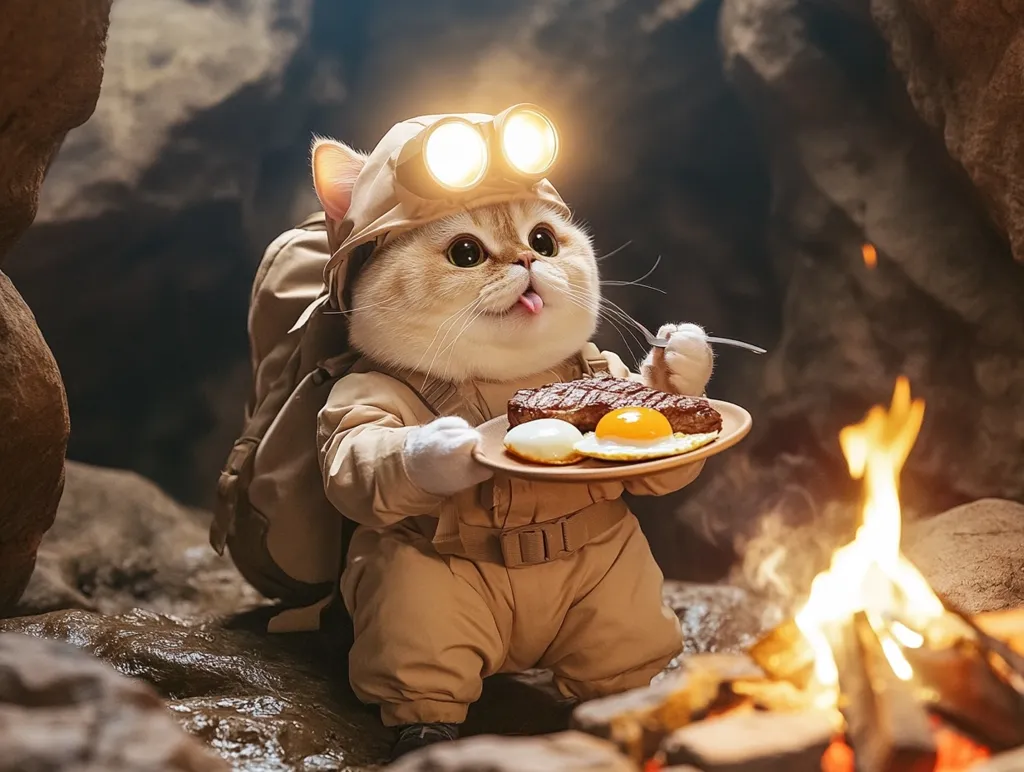 A cute, fluffy cat wearing a khaki explorer outfit, complete with headlamp and backpack, proudly presents a plate of steak and eggs.  The scene is set in a dark, rocky cave with a warm campfire nearby, creating a whimsical and adventurous atmosphere. The cat's tongue playfully sticks out, adding to its charming demeanor.