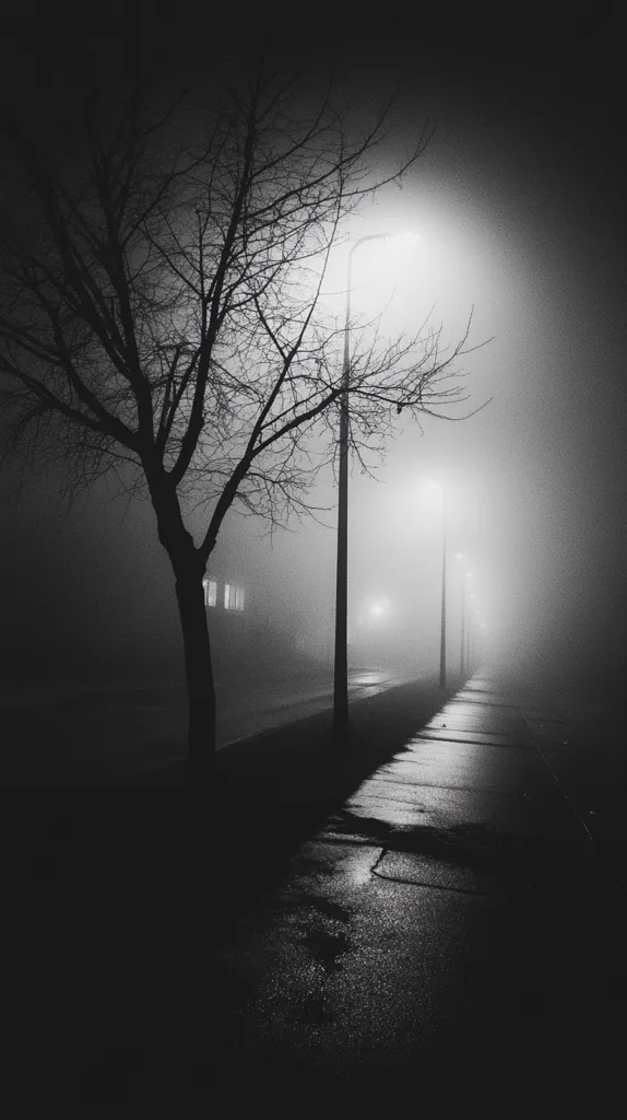 A black and white photograph depicts a foggy street at night.  A lone tree stands silhouetted against a dimly lit street, its branches reaching towards two streetlights that cast a pale glow into the dense fog. The street stretches into the distance, disappearing into the mist.  The overall mood is somber and atmospheric.