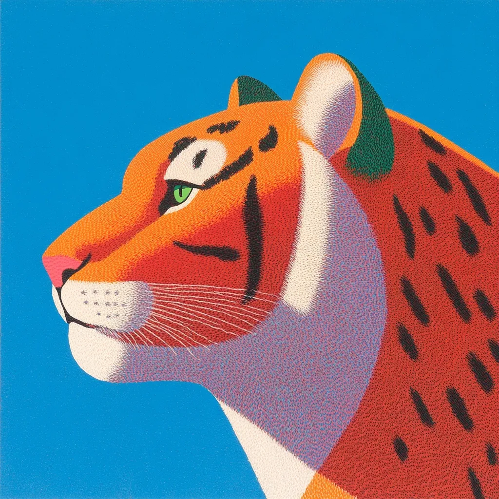 A stylized tiger's head is depicted in profile against a vibrant blue background.  The tiger's fur is rendered with short, textured strokes in shades of orange, red, and black, creating a pointillist effect.  Its green eye is striking, and the overall style is bold and graphic. The image evokes a sense of both power and serenity.