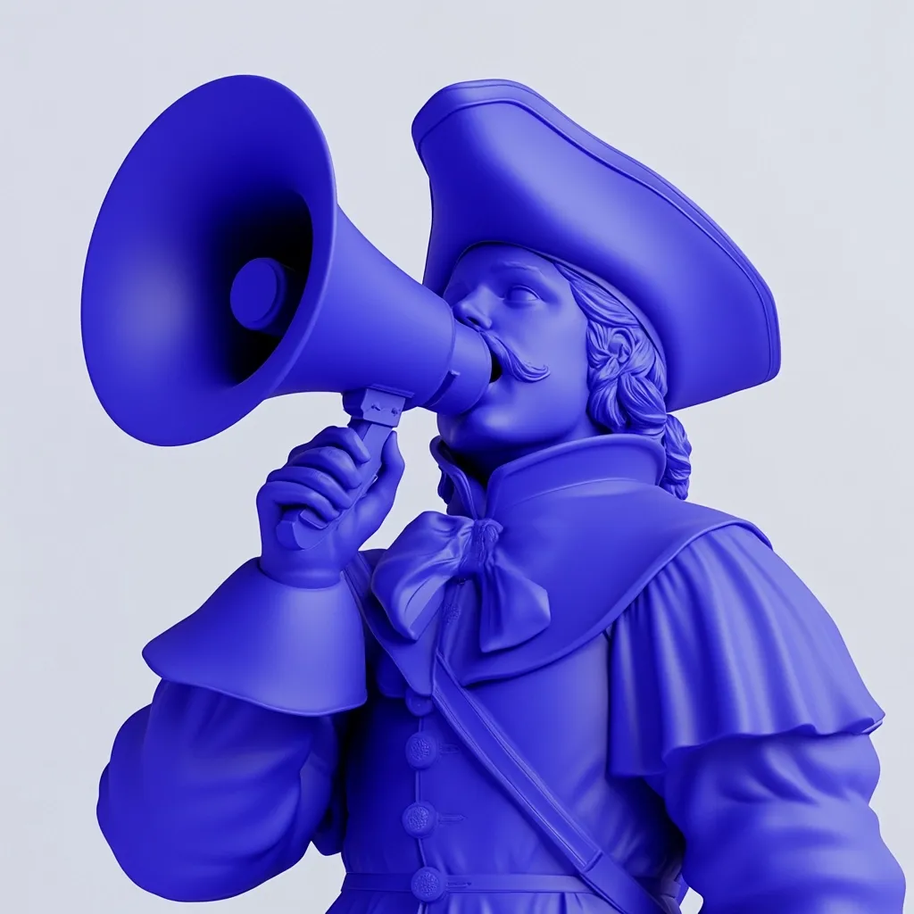A vibrant blue statue, styled in 18th-century attire complete with a tricorn hat, holds a megaphone to its mouth.  The monochromatic color scheme and smooth texture of the sculpture create a striking visual effect. The image suggests a modern interpretation of historical figures and communication methods.  The pose implies a powerful announcement or proclamation.