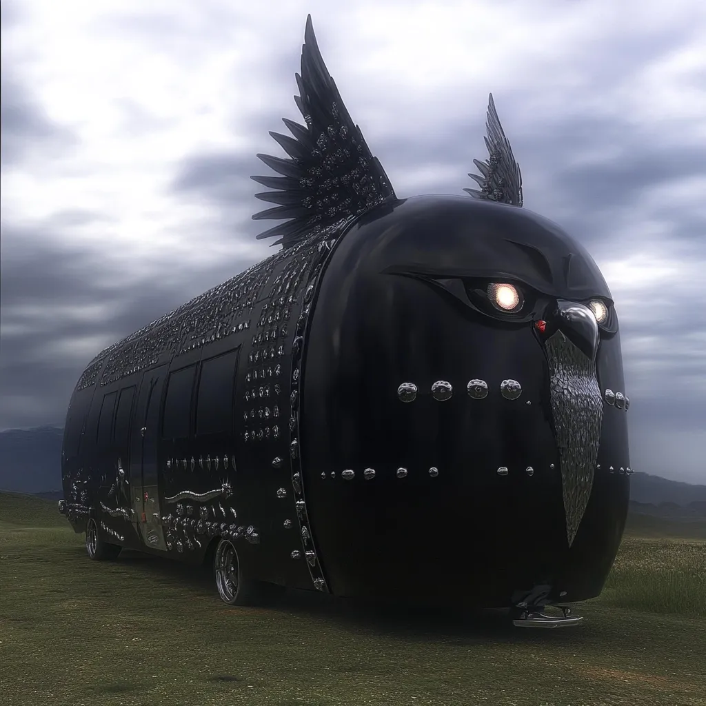 A sleek, black, owl-shaped RV dominates the foreground.  Its body is adorned with metallic rivets and detailed, sculpted wings.  Bright headlights add an intense gaze to the owl's face. The vehicle sits in a grassy field under a cloudy sky, creating a dramatic contrast between the vehicle's design and its natural setting.  The overall aesthetic is dark, edgy, and fantastical.