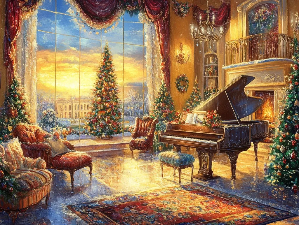 A grand, opulent room is bathed in the warm glow of a Christmas sunset. A large window overlooks a snow-covered landscape, showcasing a beautifully decorated Christmas tree.  Inside, a grand piano sits near a roaring fireplace, flanked by smaller Christmas trees and plush armchairs.  The overall atmosphere is one of peaceful Christmas luxury and festive cheer.