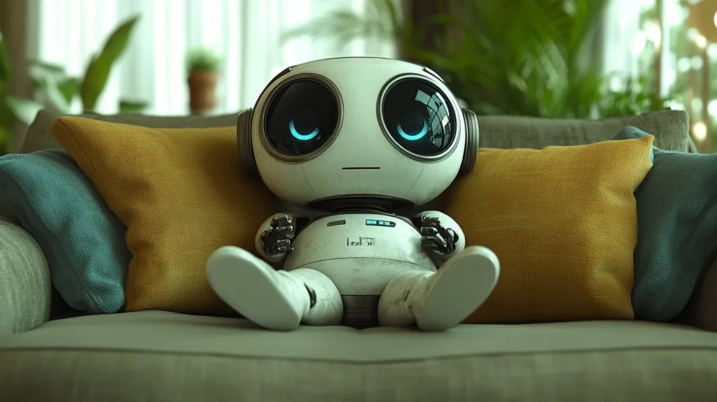 A cute, round robot with large, expressive eyes sits comfortably nestled amongst cushions on a plush sofa.  Its white body shows signs of wear, adding to its endearing charm. The robot's posture suggests relaxation, possibly contentment. The background is blurred, showcasing a bright, indoor space with hints of greenery.