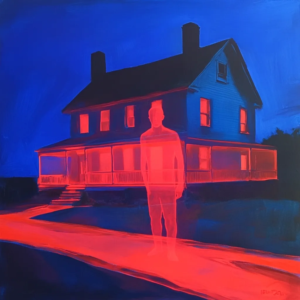 A stylized painting depicts a two-story house at night, bathed in a cool blue light.  A translucent, red figure of a man stands in the foreground, seemingly emanating a red glow onto the path leading to the house. The overall effect is surreal and slightly ominous, with a contrast between the cool blues and the warm, intense red of the figure.  The house's details are visible, suggesting a quiet, suburban setting.