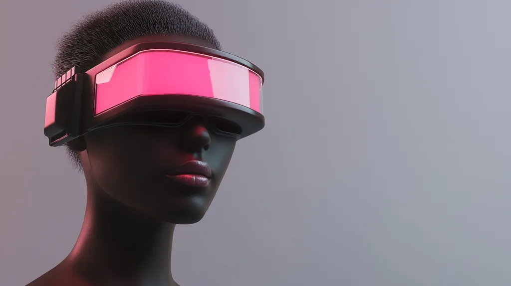 A close-up shot of a dark-skinned, stylized female mannequin wearing a futuristic headset. The headset has a sleek, black design with a vibrant pink glow emanating from within the visor. The mannequin's expression is neutral, and the overall aesthetic is minimalist and futuristic, suggesting a concept related to virtual reality or augmented reality technology. The background is a muted gray, emphasizing the subject.