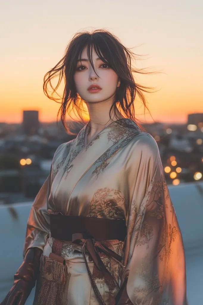 A young woman with dark hair styled with loose bangs stands against a city skyline at sunset. She wears a patterned, gold-toned kimono with a brown obi.  The warm light of the setting sun bathes her and the cityscape, creating a romantic and serene atmosphere. Her expression is calm and composed, enhancing the overall mood of the image.